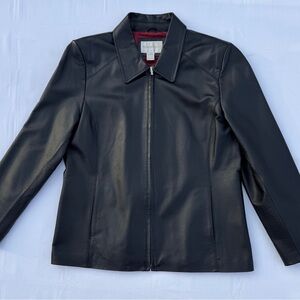 Worthington Black Genuine Leather Jacket Women’s Large Zip Front Red Lining